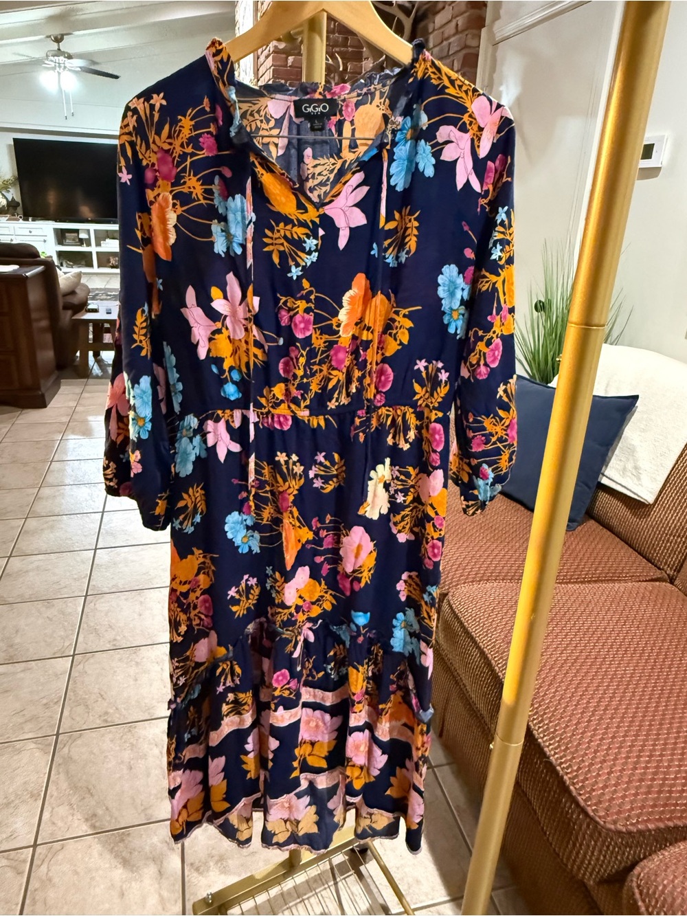 GiGio Navy Floral Midi Dress with Pink, Orange & Blue Blooms